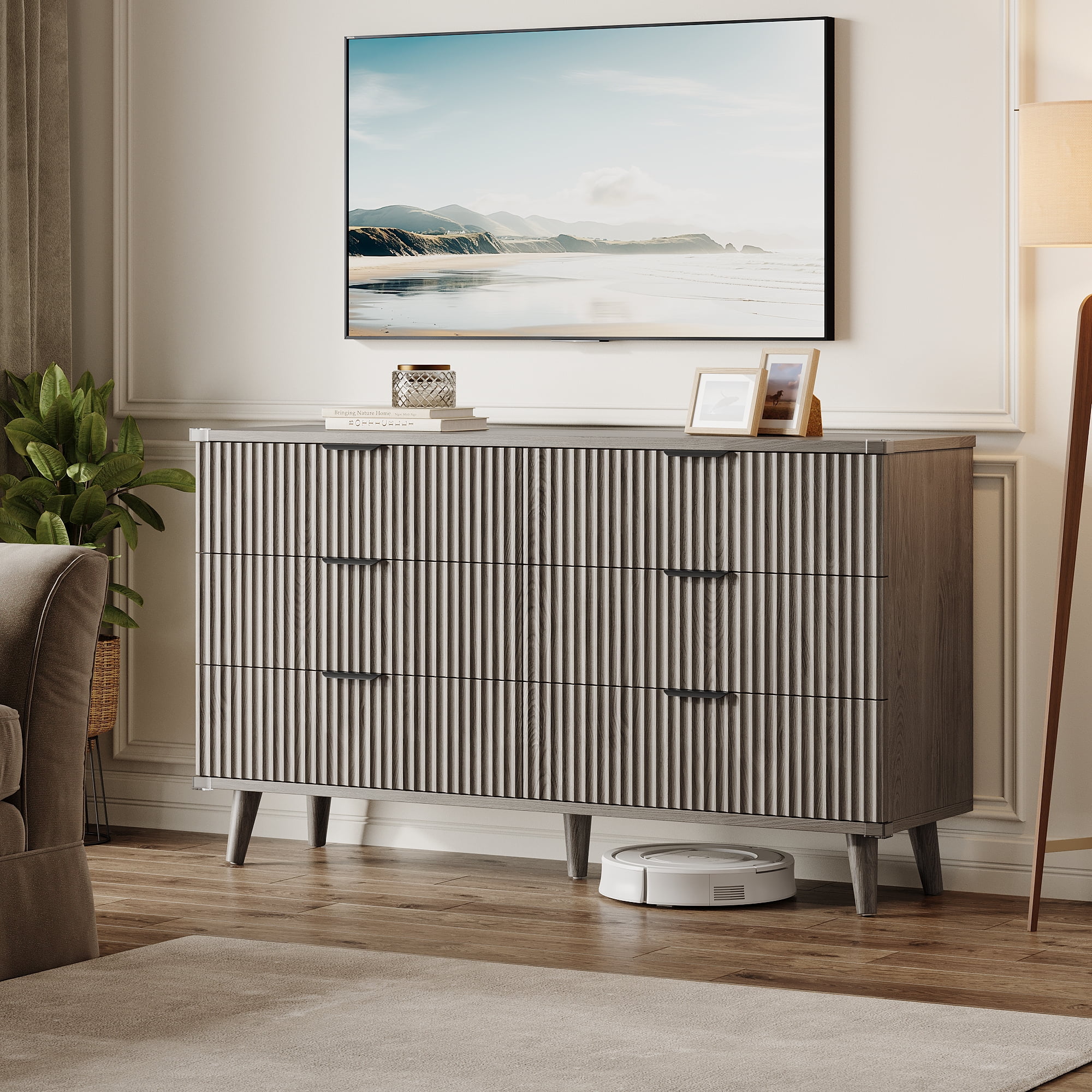 Aufeile 6 Drawer Dresser for Bedroom, 53" Wood Dresser & Chest of Drawers with Fluted Design, Bedroom Dressers for Adults & Dresser Organizer, Long Dresser with Storage, Dark Gray Oak