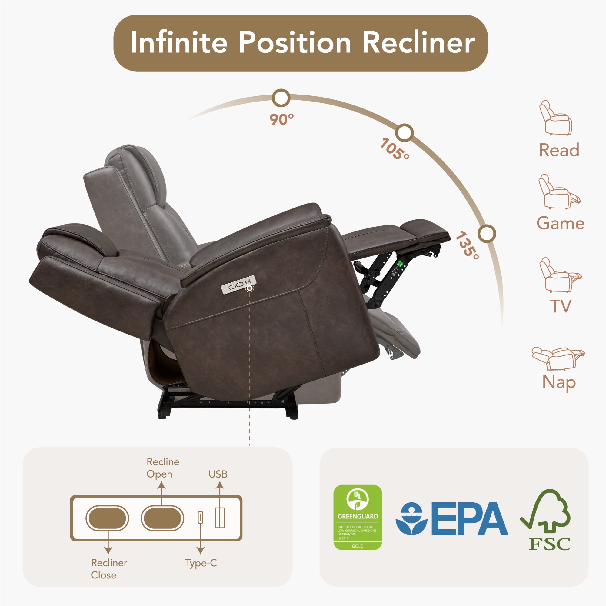 Spruce & Spring Zero Gravity Power Recliner Chair for Living Room, Chocolate