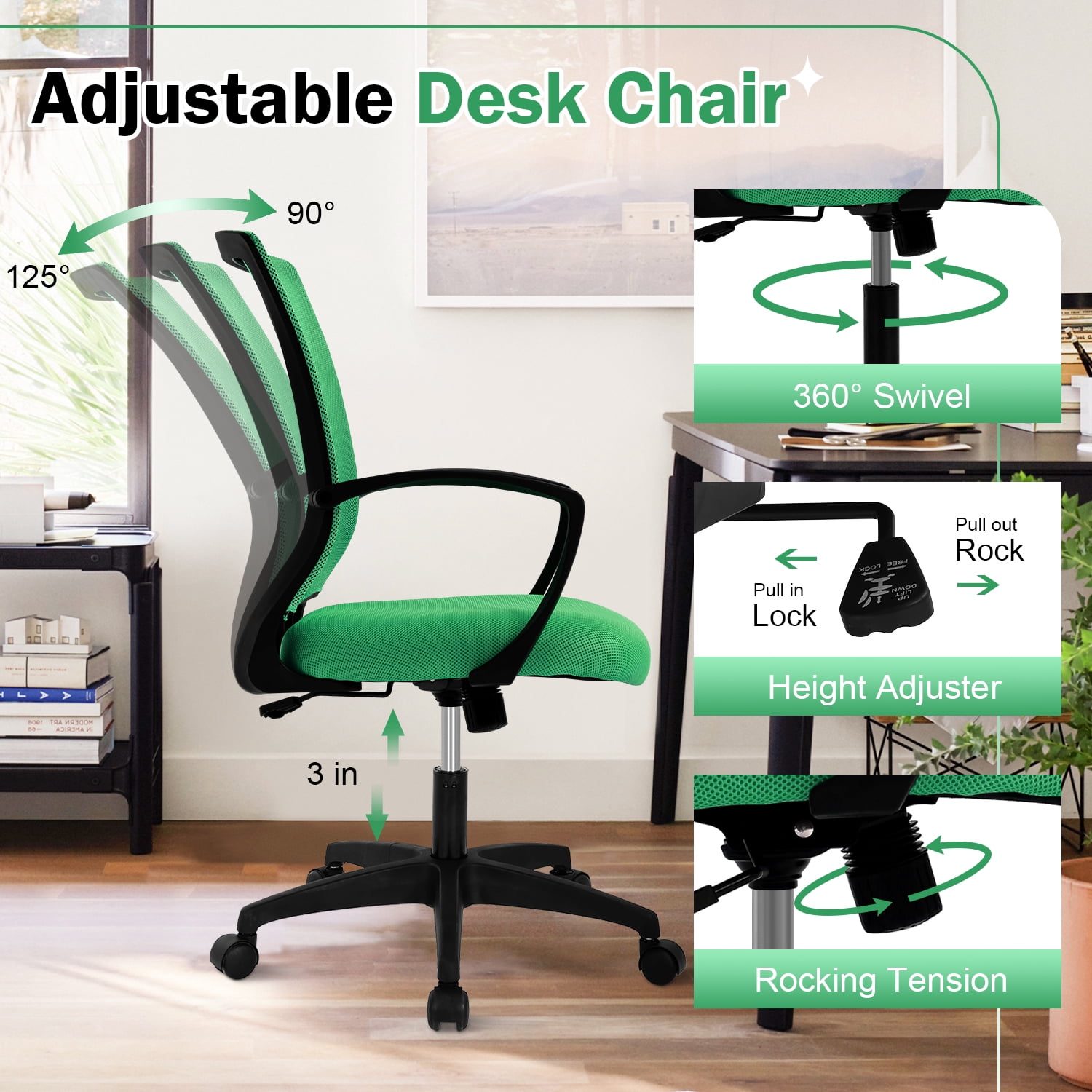 Mid-Back Office Chair, Ergonomic Computer Chair Adjustable Desk Chair with Armrest, Rolling Swivel Chair for Home&Office, Easy to Assemble, Green