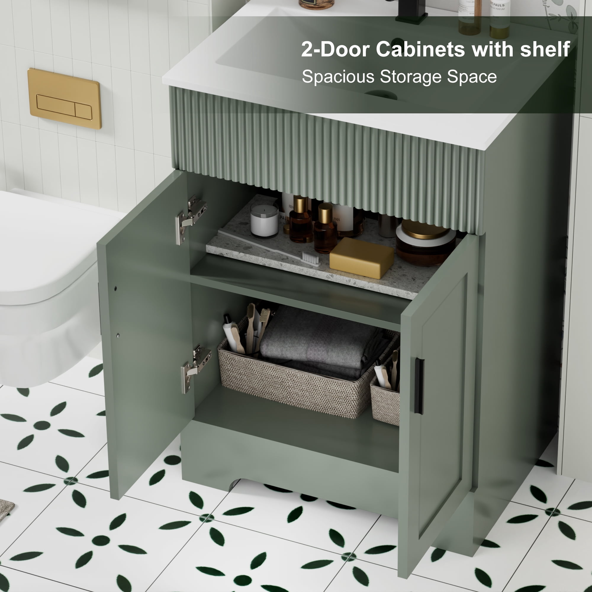 24" Mid Century Modern Single Bathroom Vanity with Ceramic Sink Top, Zinc Alloy Faucet, Painted Surface