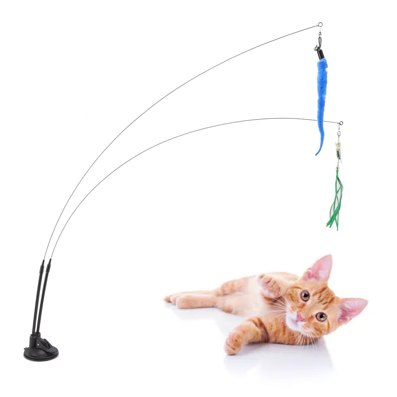 Cat Teaser Stick Toy, Double End Boredom Relief Bendable Suction Cat Feather Wand Toy Removable Steel Wire  For Indoor Green Scalewing And Blue
