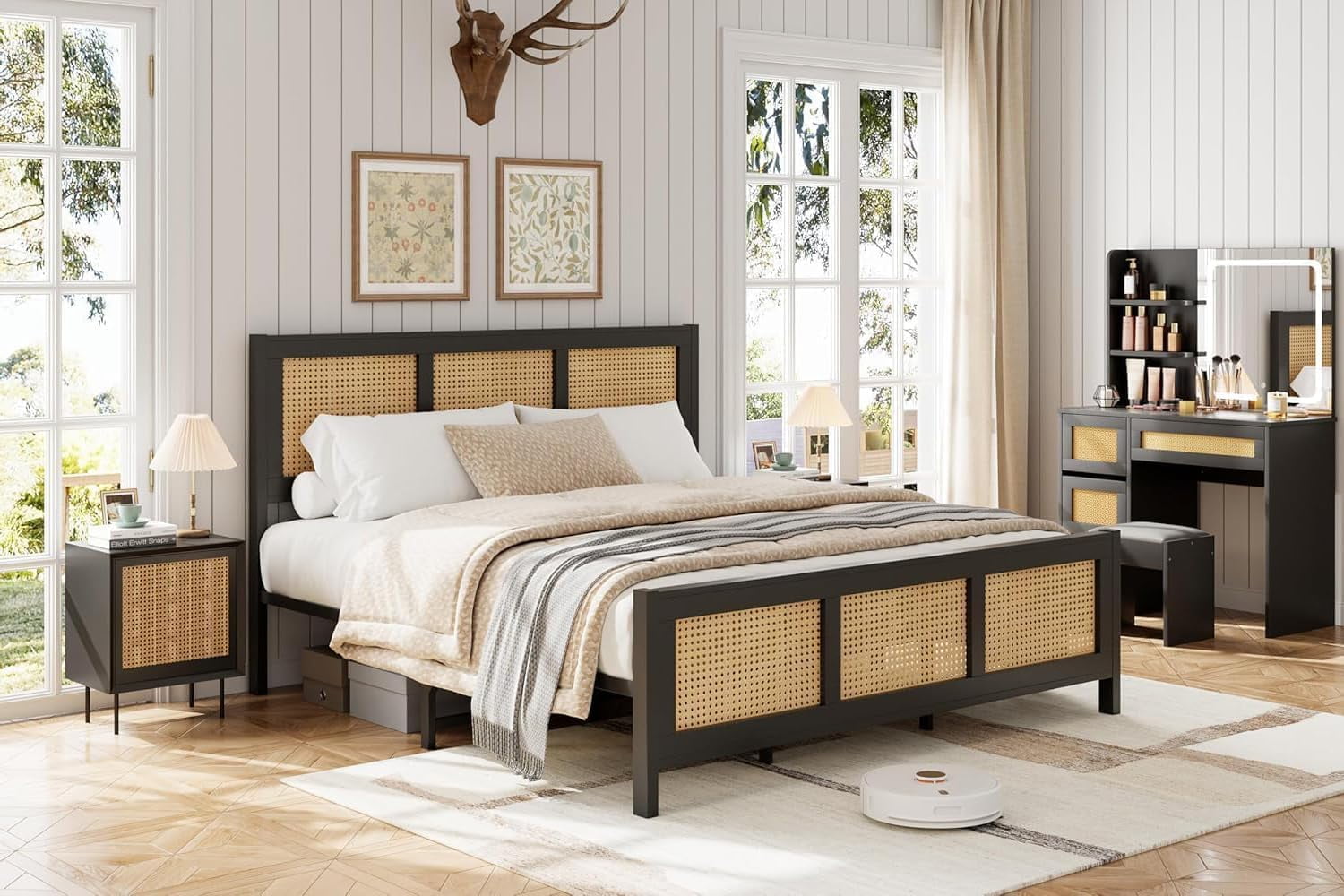 Memoryfield Full Size Bed Frame with Metal Slats Support, Rattan Platform Bed Frame with Headboard, No Box Spring Needed, Black