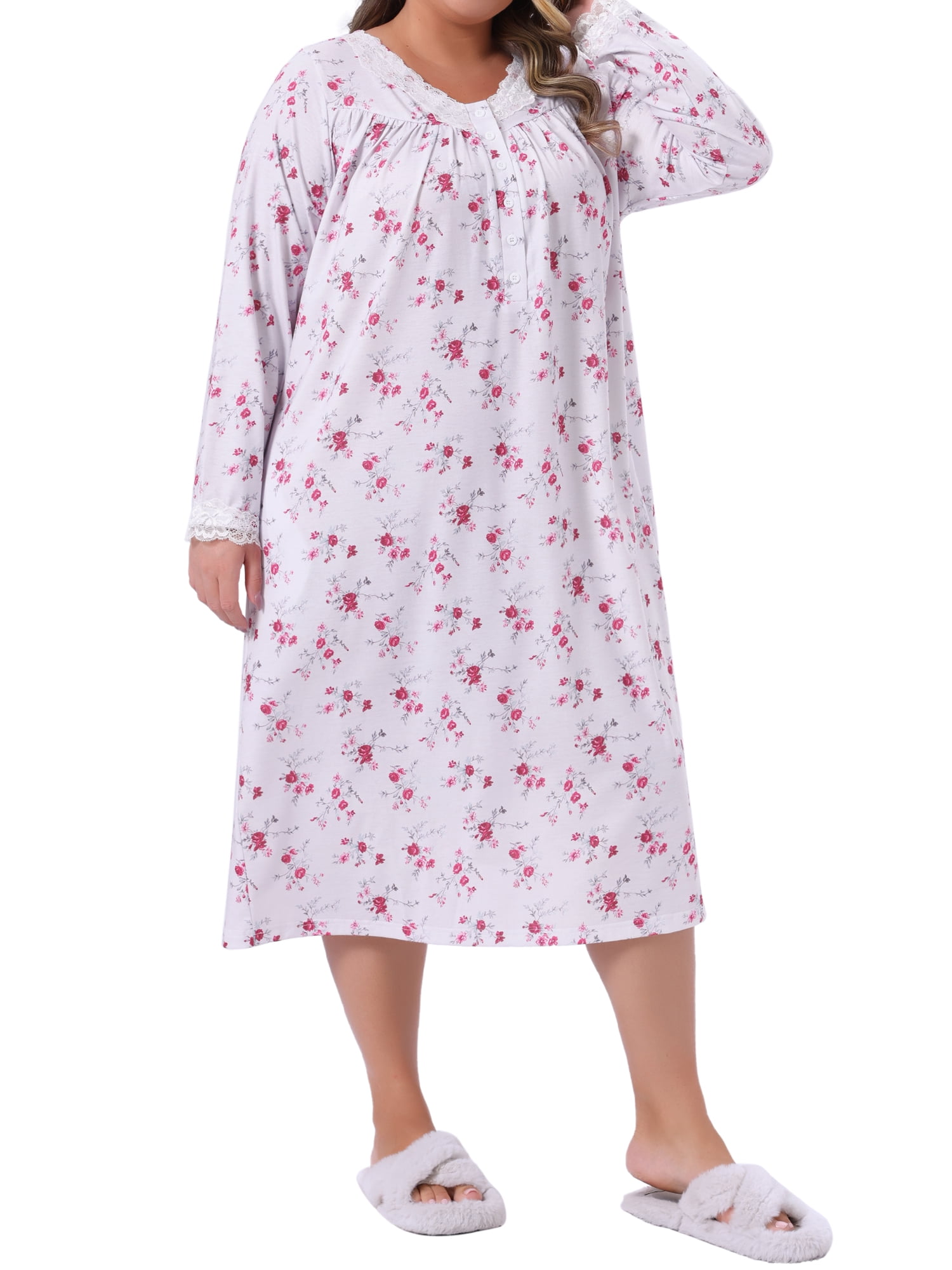 DARING DIVA Women's Plus Women's V Neck Lace Trim Long Sleeve Sleepwear 2X Burgundy
