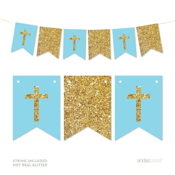 Baby Blue Gold Glitter Baptism Communion Christening Pennant Party Banner