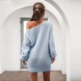 thumbnail image 3 of Pulls d'Automne Robe Pull Col Roulé Manches Longues Bouffantes Tricot Côtelé Mini Robe Bleu Clair TG, 3 of 5