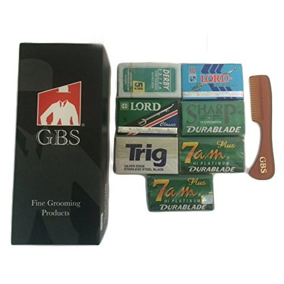 50 Double Edge Safety Blade Variety Pack - Includes 1 GBS mustache comb! - Derby, Lord, Sharp, 7AM, Trig