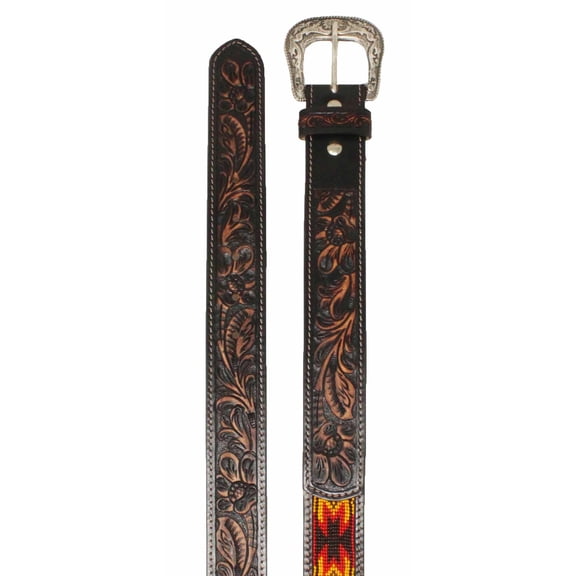 33-34  Western Antique Floral Tooled Beaded Full-Grain Leather Belt 26FK30