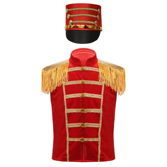 iiniim Girls Ringmaster Circus Waistcoat Honor Guard Vest Drum Band Outfits Fancy Dress with Hat Set Red 8
