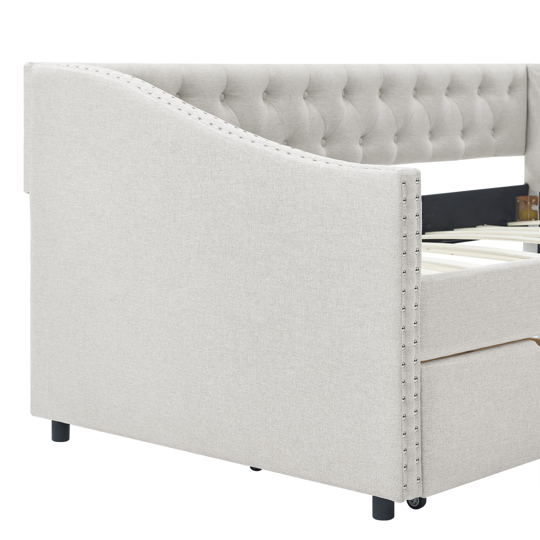 Noble House Twin Size Button Tufted Daybed, Linen Sofa Bed Frame with Storage Drawers and Nailhead Waved Arms, Beige