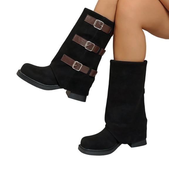 Women's Chunky Heel Mid Calf Boots, Belt Buckle Suede Platform Leather Boots with Breathable Lining and Lightweight Sole, Trendy Footwear for Daily Leisure