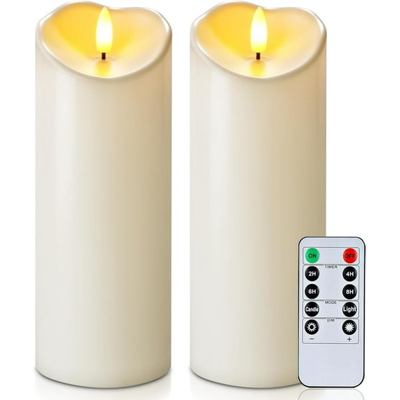 Merrynights 3"x8" Outdoor Flameless Candles, LED Candles, Battery Operated Candles with Remote and Timers, Electric Fake Plastic Pillar Candles, Ivory White, Set of 2