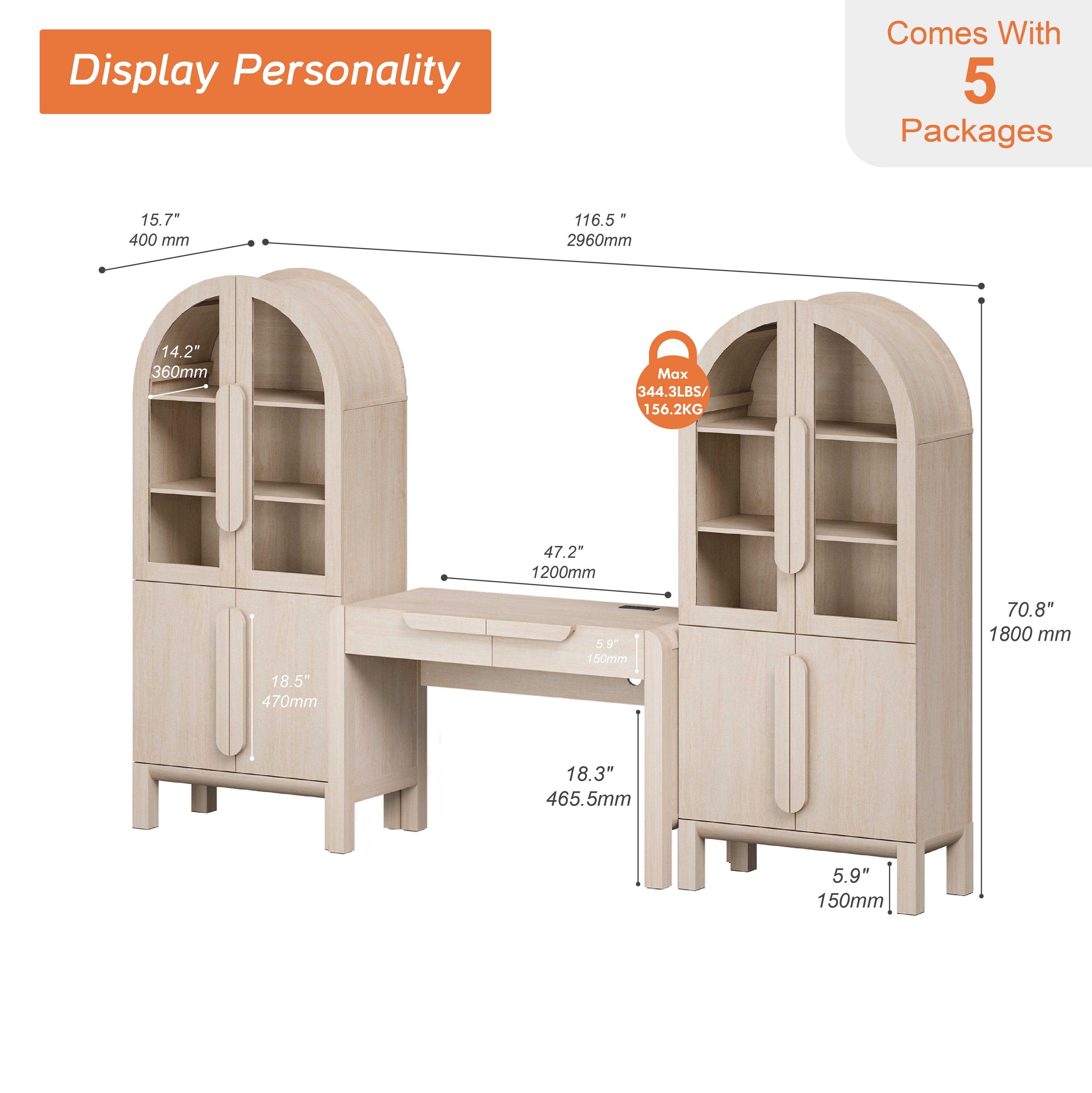 Home Office Set, 47" Modern Executive Desk with Charging Station and Drawers & 2 Piece 71"H Tall 3-Tier Arched Bookcases with Glass Door for Living Room, Bedroom, Home Office