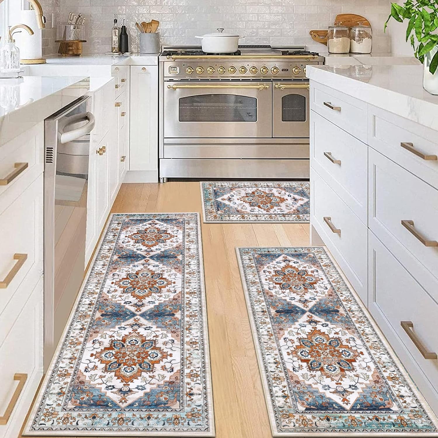 Kitchen Rug and Mat, Yamaziot Boho Kitchen Rug Set of 3, Non Slip Washable Farmhouse Floor Mat Hallway Runner, Laundry Room Carpet