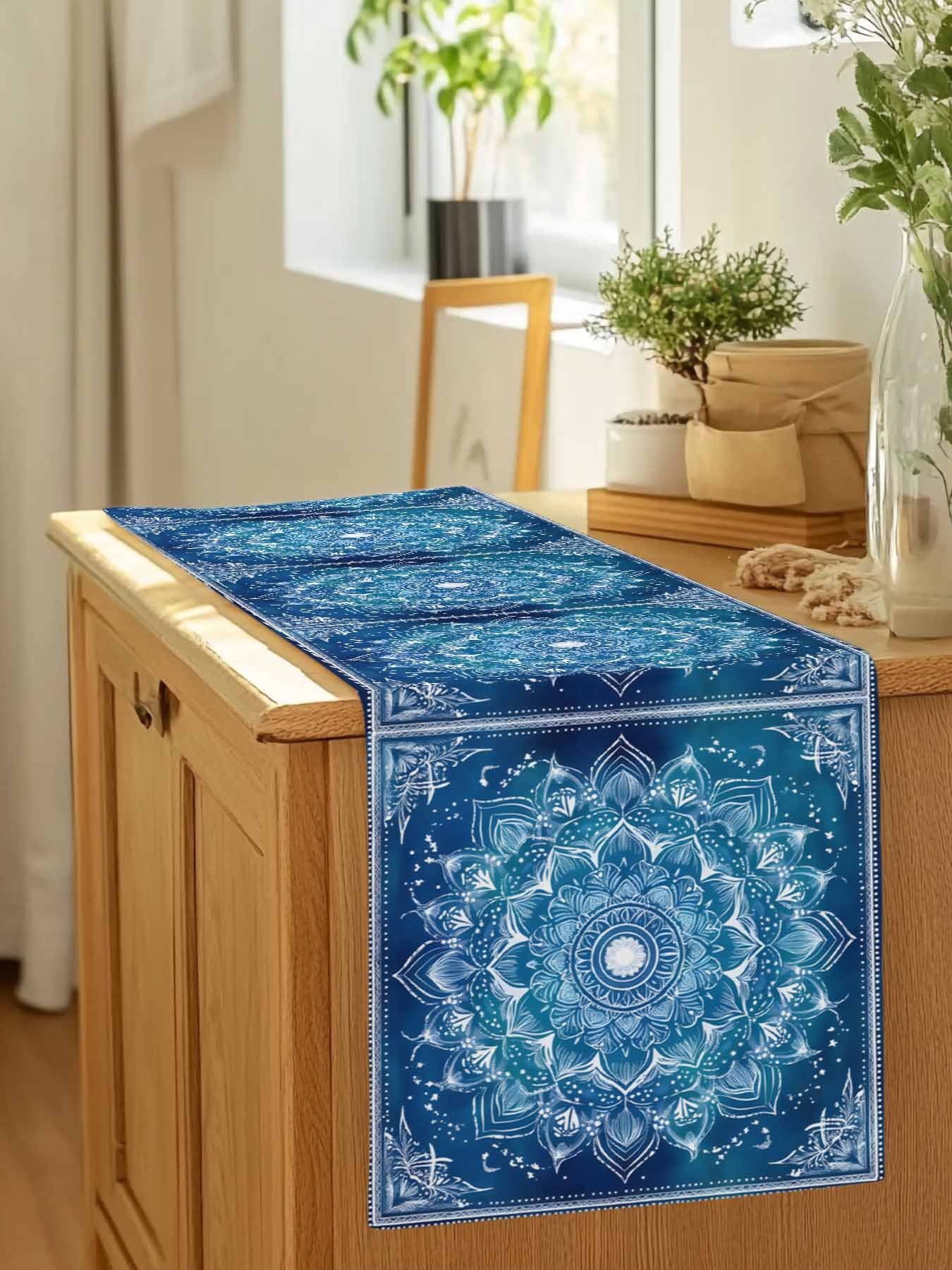 Retro Ethnic Tribal Flower Pattern Table Runner 90 Inches Long, Blue Background Table Runners Tabletop Scarf Kitchen Dining Tables Decoration for Home Party Indoor Outdoor