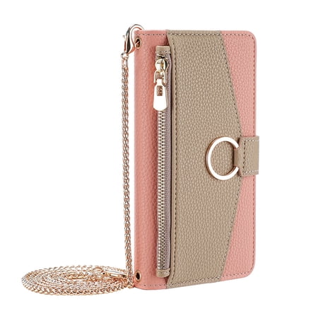 Dteck Crossbody Wallet Case for iPhone 7 / 8 / SE 2022 & 2020,Color-Blocking PU Leather Zipper Purse with Card Holder Mini Mirror for Women Girls, Folio Flip Phone Case with Magnetic Closure,Pink