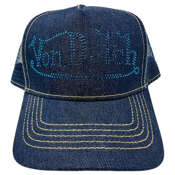 Von Dutch Trucker Hat Navy Denim Blue Rhinestone Logo Snapback Mesh Cap