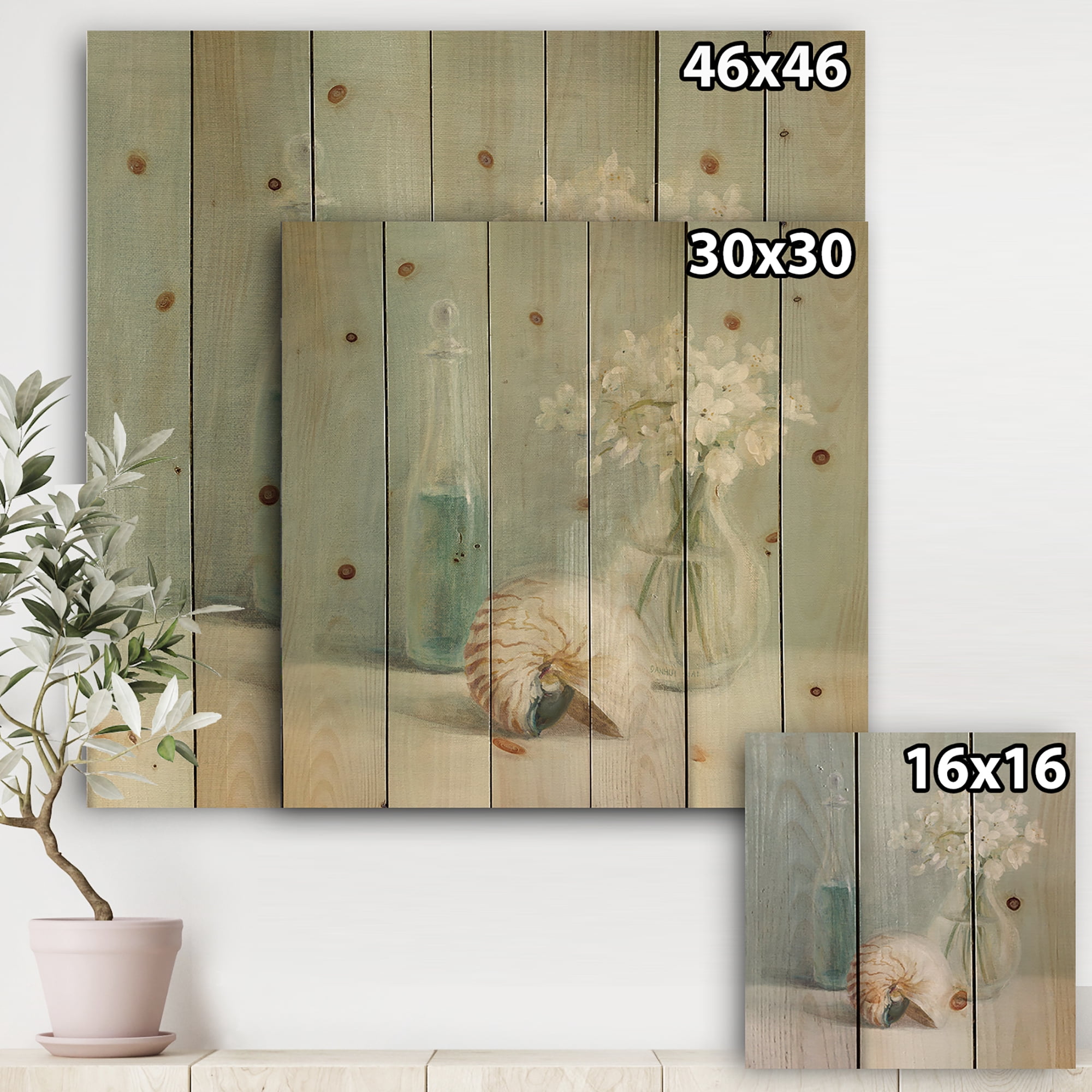 Designart 'Pastel Bath Accessories IV' Farmhouse Print on Natural Pine Wood