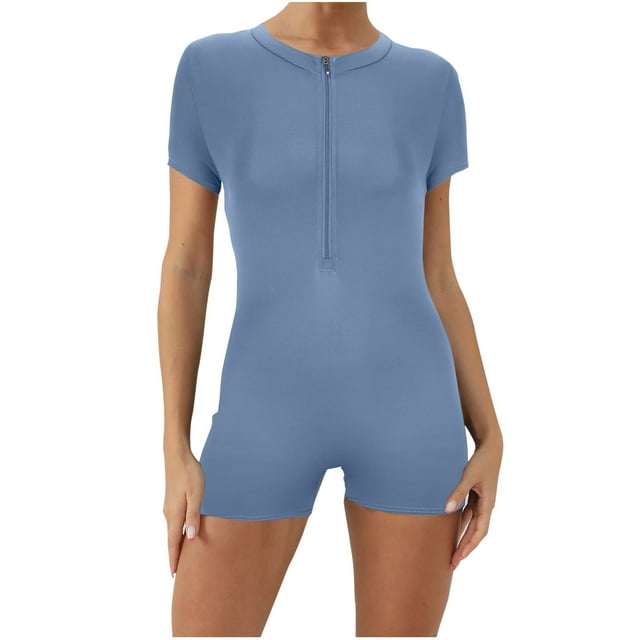 aidice Combinaisons de Course pour Femmes Décontractées Col Rond Manches Courtes Fermeture Éclair Shorts d'Entraînement Skinny Combinaisons