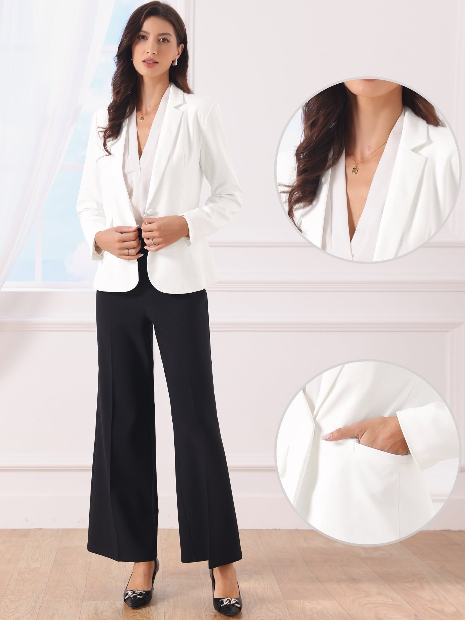 DARING DIVA Women's Casual Long Sleeve One Button Pockets Suit Jacket M White