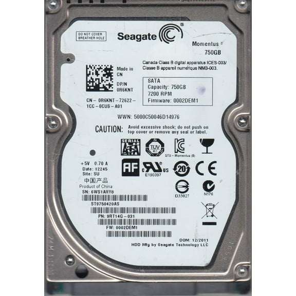 ST9750420AS, 6WS, SU, PN 9RT14G-031, FW 0002DEM1, Seagate 750GB SATA 2.5 Hard Drive