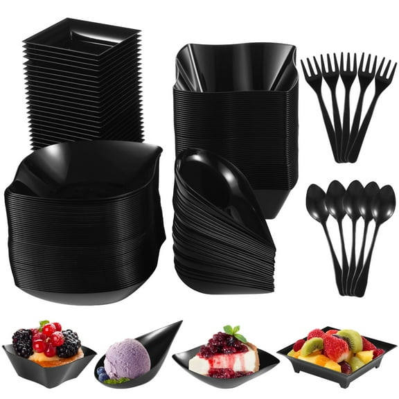 100 Pcs Mini Appetizer Plates, Disposable Dessert Plates with 50 Spoons & 50 Forks, Plastic Serving Bowls, Black Snacks Appetizer Trays for Party, 4 Shapes