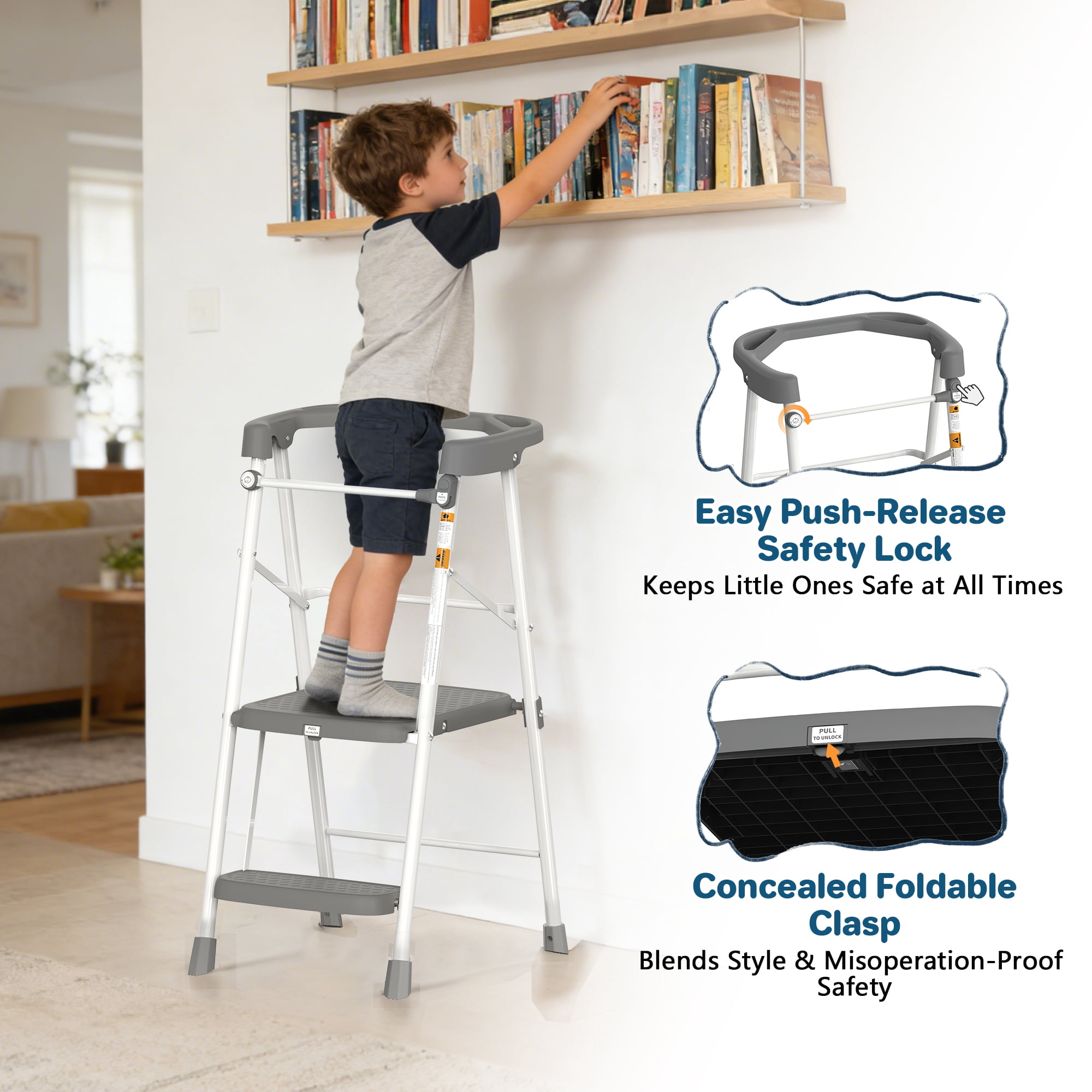 LevLad Toddler Kitchen Step Stool Helper for Kids, Foldable Learning Standing Tower for Kitchen Counter, Bathroom Sink, Gray