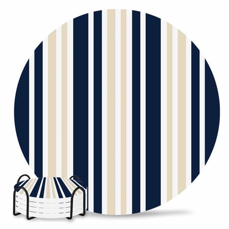 Coasters Set of 4 Khaki Striped Drink Coasters with Holder Absorbent Stone Ceramic Cup Mat Navy Blue Vertical Stripes Coaster for Drinks Coffee Bar Office Kitchen Cafe Home Decor