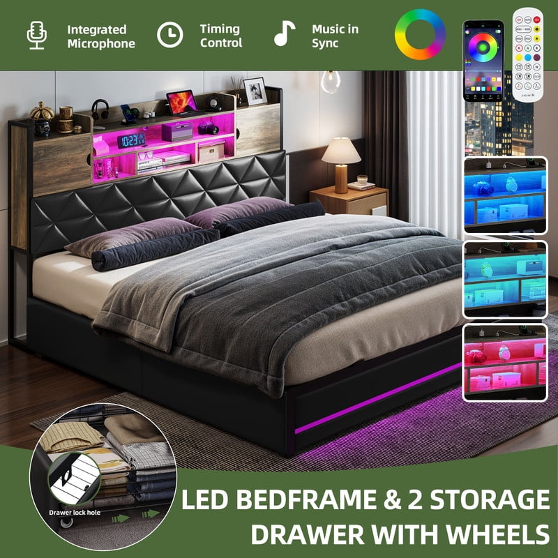Uforic King Bed Frame with Storage Bookcase, Upholstered Bed with Charging Station and Drawers, Easy Assembly, Black