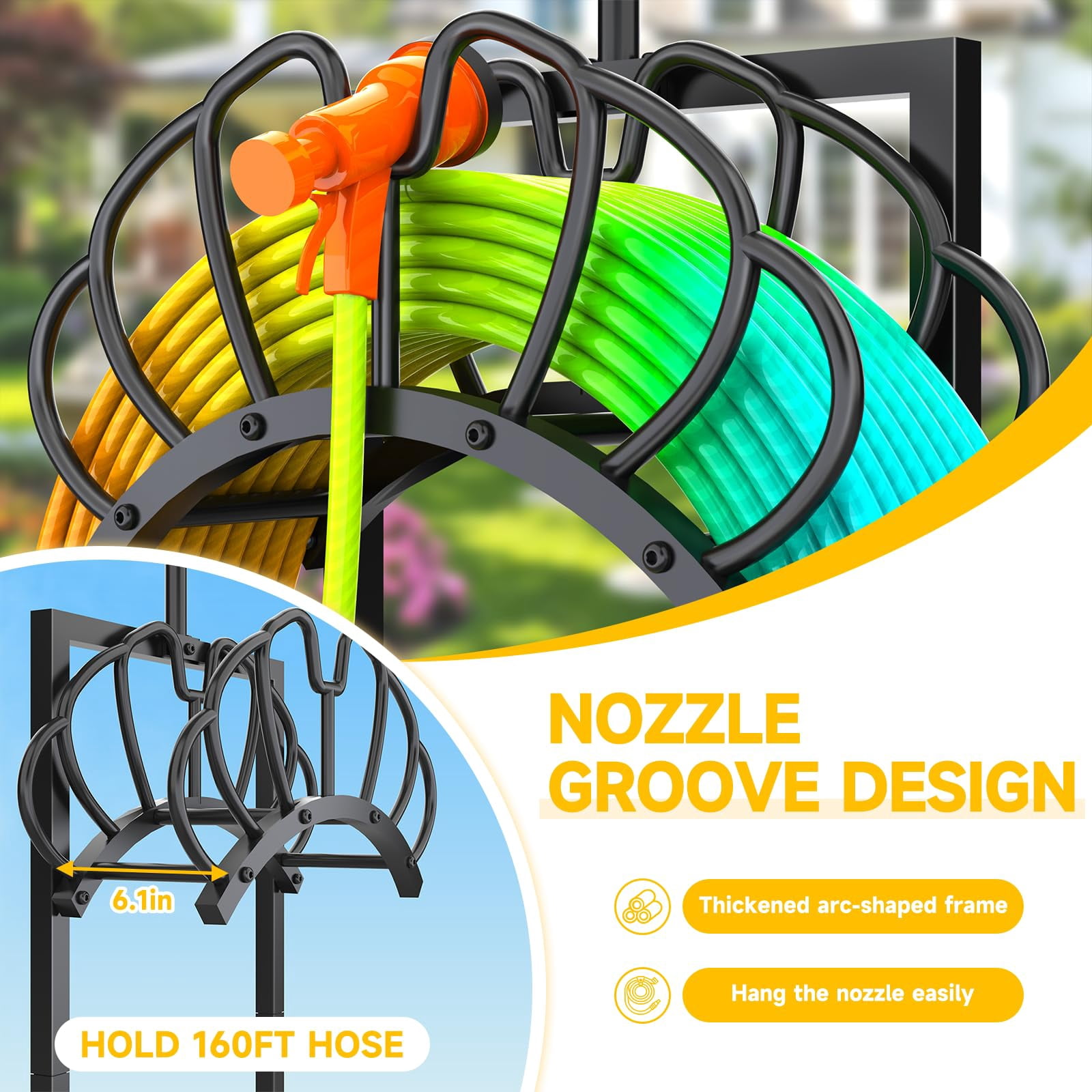 Garden Hose Holder for Outside, Garden Hose Reel with 2 Shepherds Hooks, Heavy Duty Freestanding Water Pipe Stand, Black