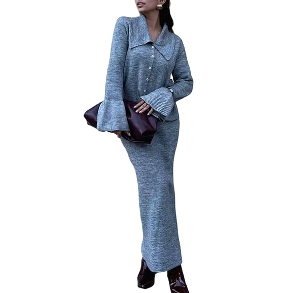 Womens 2 Piece Skirt Sets Long Sleeve Skirt Suits Gray M