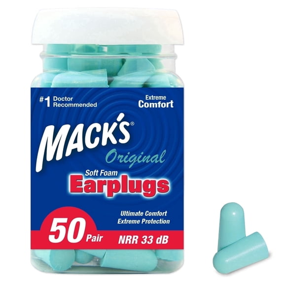 Mack's Original Soft Foam Earplugs, 50 Pair - 33dB Highest NRR, Comfortable Ear Plugs for Sleeping, Snoring, Work, Travel & Loud Events