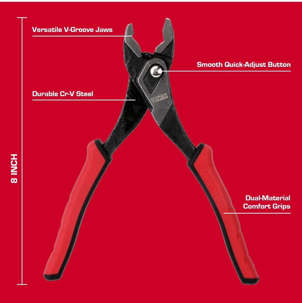 Hyper Tough 8-inch Push-button Slip-joint Pliers with Dual Material Comfort Grips