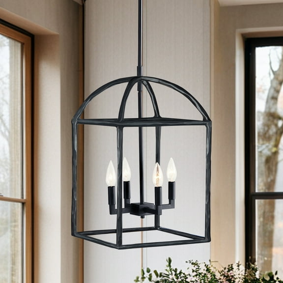 Industrial Birdcage Black Forged Iron Hammered Ceiling Lamp, Adjustable Height Ceiling Light, Durable Pendant Light over Kitchen Island, for Dining Room