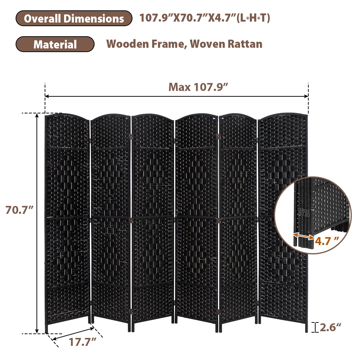 FDW 6 Panel Folding Privacy Room Divider Screen, 70" Tall, Black