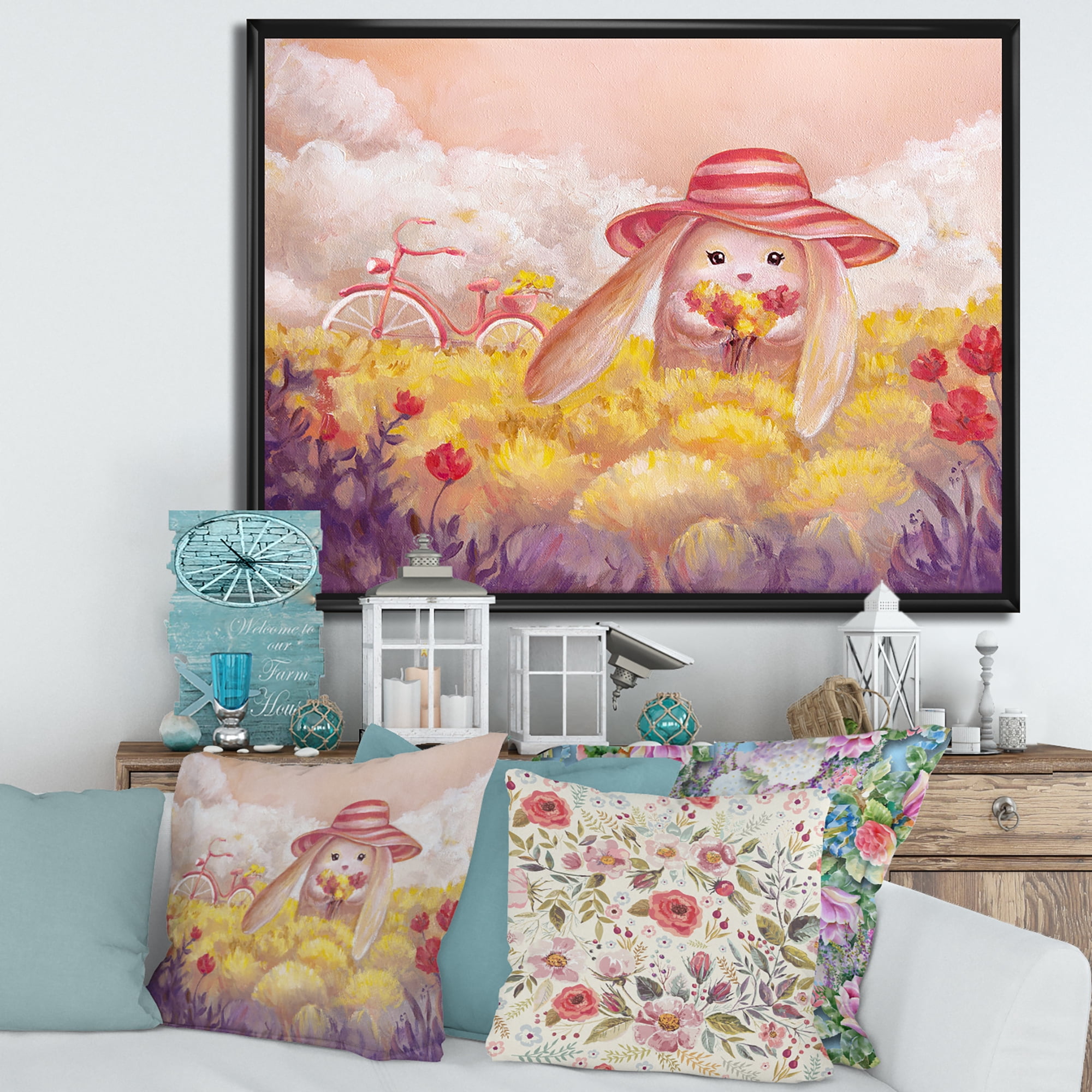 Designart 'Little Bunny With Yellow Flowers' Traditional Framed Canvas Wall Art Print