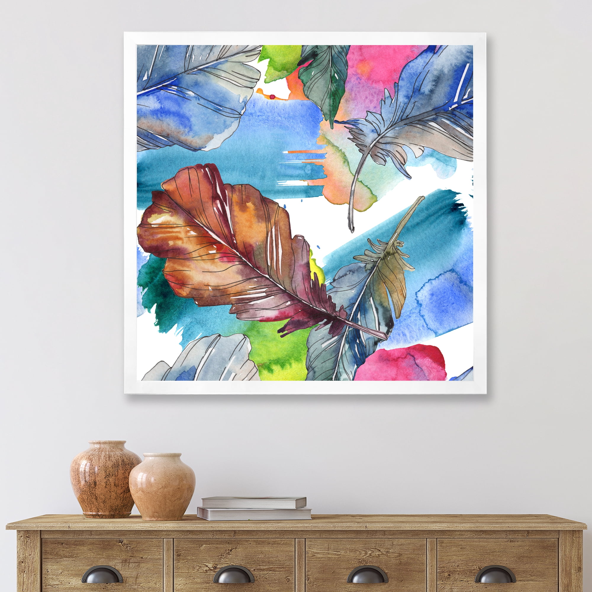 Designart 'Bird Feather In Pink and Blue' Traditional Framed Art Print