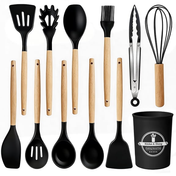 Silicone Cooking Utensils Set, Heat Resistant Kitchen Cooking Utensils Set, 12 PCS Handle Silicone Kitchen Gadgets Utensil Set, Black