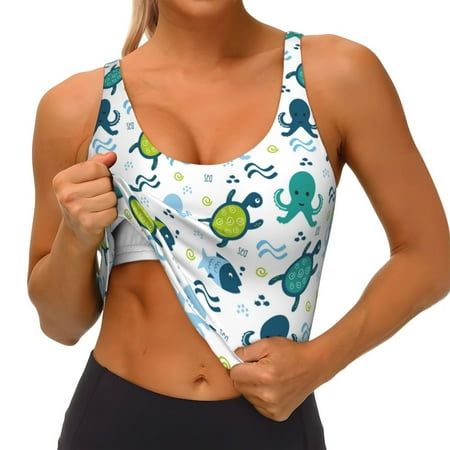 Qokaie Cartoon Sea Creatures Pattern Womens Scoop Neck Sports Bra Breathable Workout Vest Padded U Back Medium Impact Fitness Gym Yoga Bra Workout Crop Top