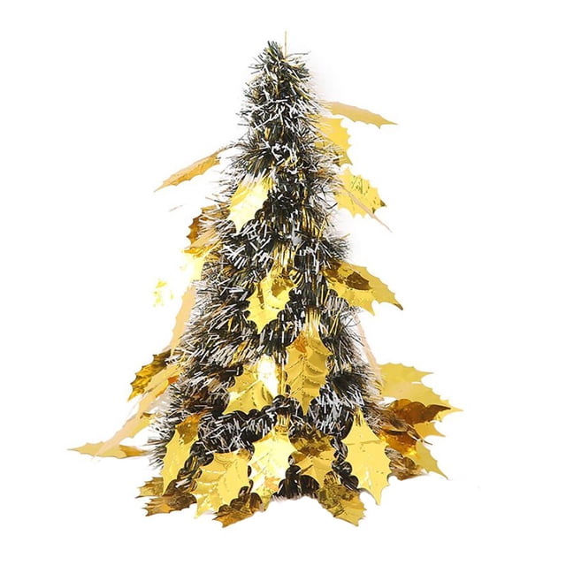 mini árbol de navidad creativo para escritorio fiudx liquidación navideña decoración de hojas dorado, vista frontal centrada de mini árbol cónico con guirnalda plateada y hojas metálicas doradas distribuidas en varias alturas sobre fondo blanco; tamaño compacto apto para decorar escritorios y mesas durante la temporada navideña.