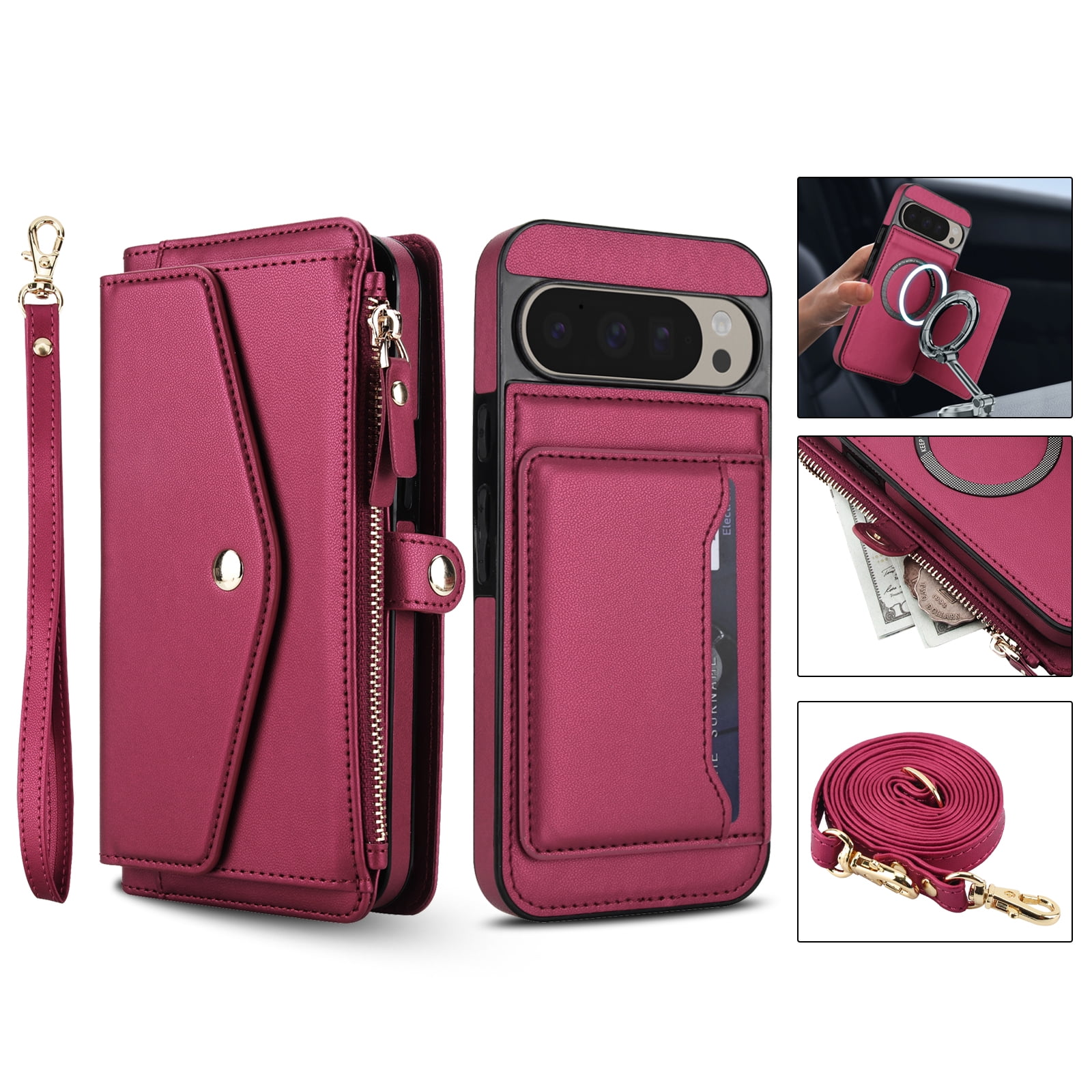 Designed for Google Pixel 9 / 9 Pro Multi-Function Wallet Phone Case,With Shoulder Strap&Wrist Strap,Cash Pocket&Card Slots,Zipper Purse,Magnetic Detachable PU Leather Flip Phone Case,Red