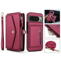 For Google Pixel 9 / 9 Pro Crossbody Wallet Phone Case,Magnetic Detachable Flip,With Shoulder Strap&Wrist Strap,Zipper Pocket,Card&Cash Slots,PU Leather Shockproof Rugged Phone Case,Red