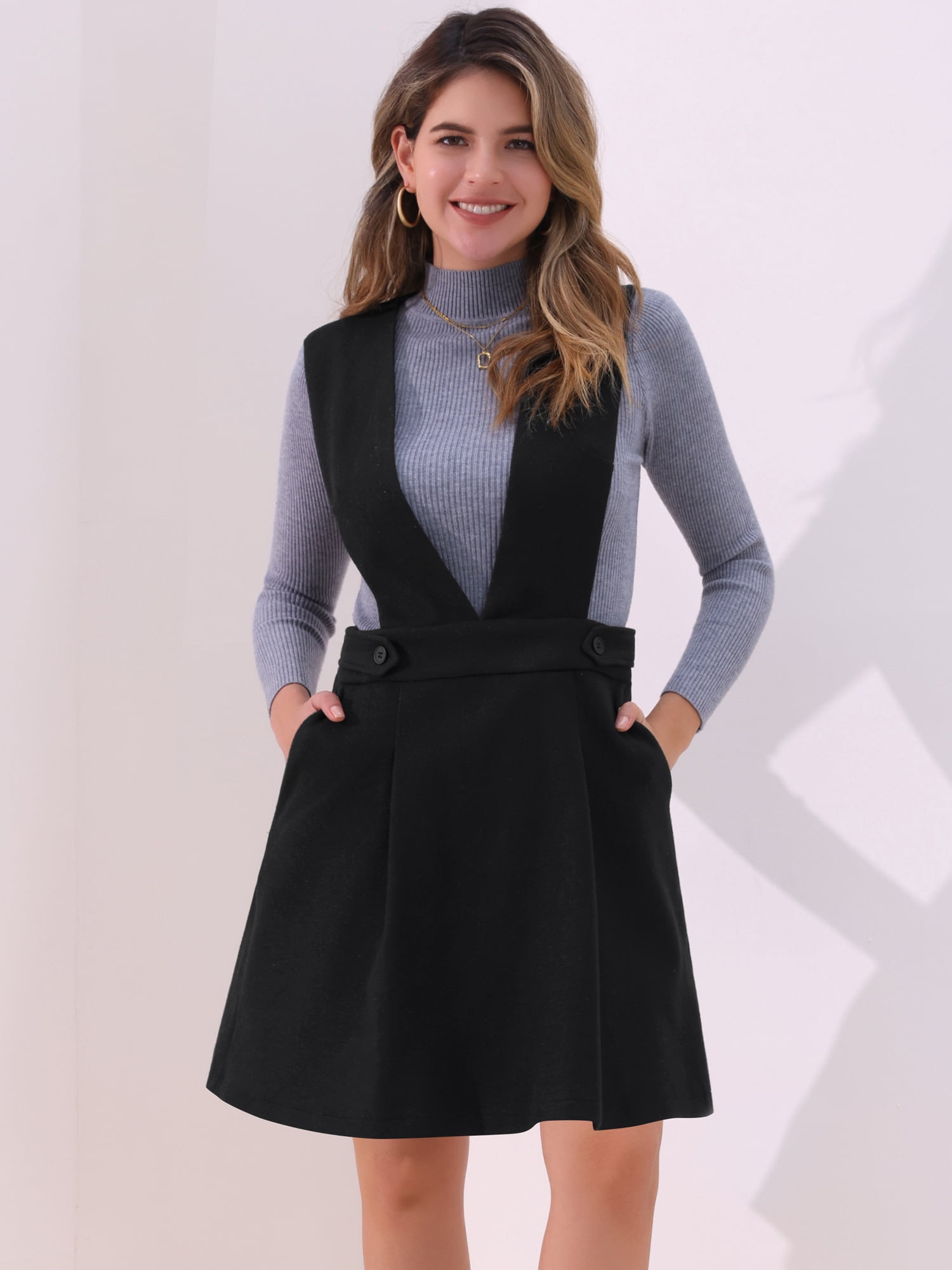 DARING DIVA Women's V Neck A Line Above Knee Pinafore Dress XL Black