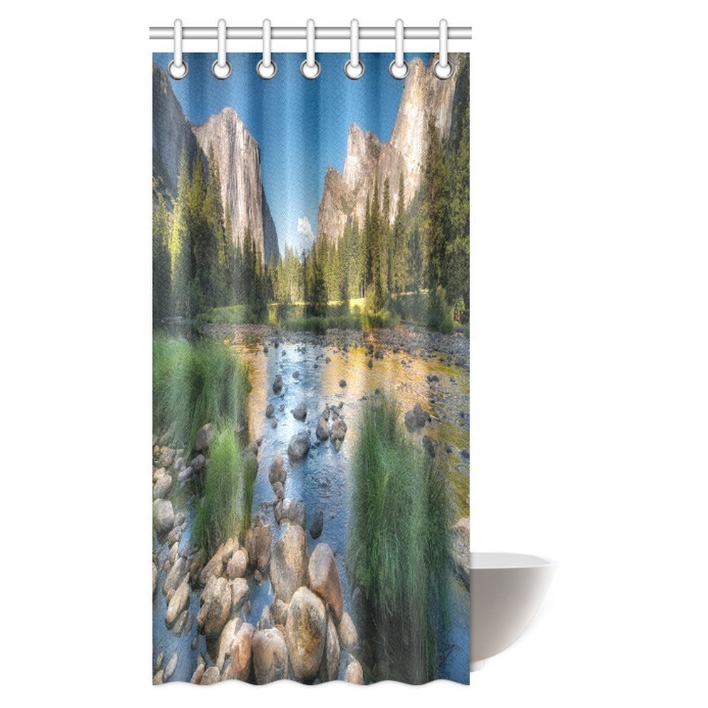 MYPOP Lake Shower Curtain, Scenic Mountain with Pine Trees and Flowing River Colorful Foliage