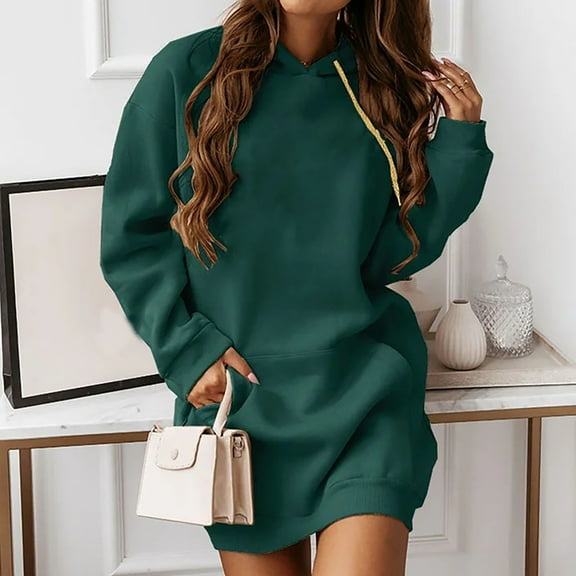 AOOCHASLIY GIRLS FALL SALE DRESSES Fahion Women's Casual Long-sleeve Pocket Pullover Hoodie Dress Waist Sweatshirt Solid Dress