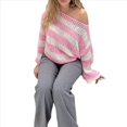 thumbnail image 3 of Suéter de Rayas de Gran Tamaño para Mujer, Sudadera de Punto con Bloques de Color, Larga, Suéter Holgado, Jersey Preppy Y2K. Rosa M, 3 of 6