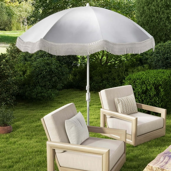 Costway Sombrilla de Playa de 210 cm con Flecos, Sombrilla Bohemia con Inclinación de Botón, Protección UPF 50+, Bolsa de Transporte, Sombrilla Exterior para Jardín, Césped, Terraza