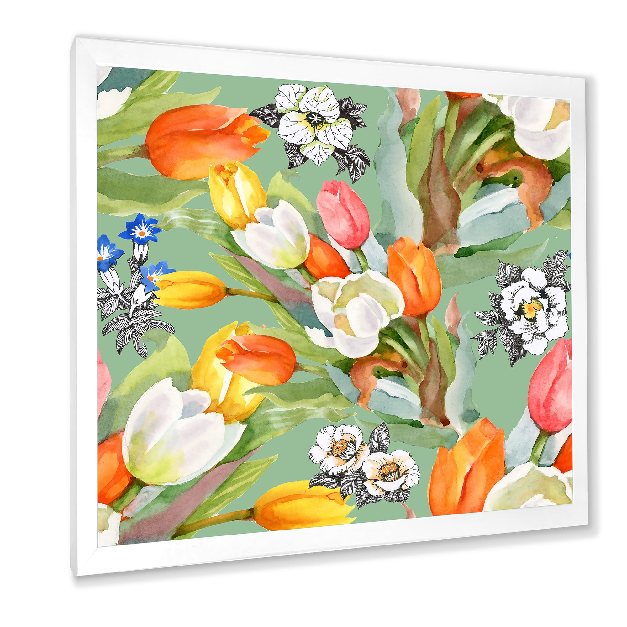 Designart 'Blooming Orange and White Tulips II' Traditional Framed Art Print