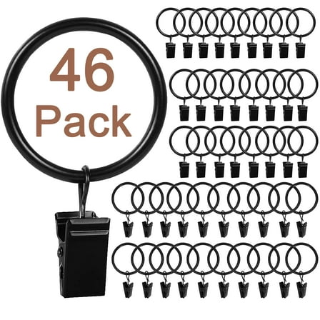 Aovky 46 Pack Curtain Rings with Clips, Metal Black Drapery Rings with Clips, 1 Inch Interior Diameter Curtain Hangers, Fits Up to 5/8 Inch Diameter Curtain Rod for Vintage Decorative Curtain Hooks
