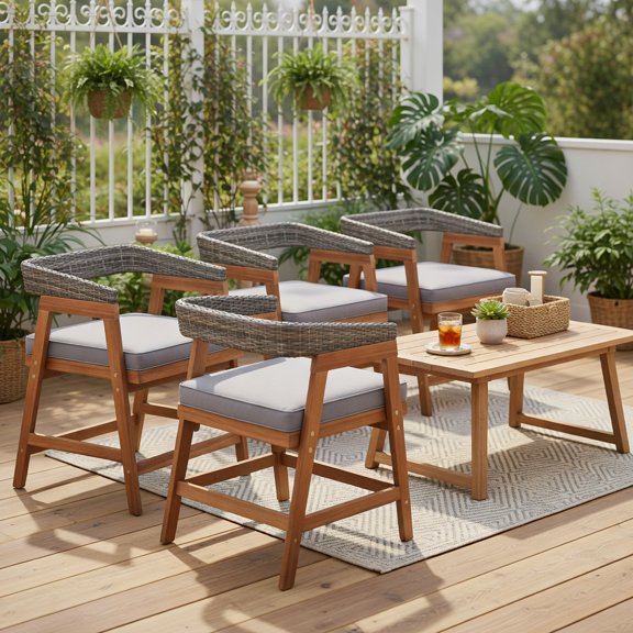 GVN Patio Accent Chair, Outdoor Dining Chairs,Outdoor Dining Seating,Outdoor Acacia Wood Patio Wicker Dining Chairs Set of 4 with Seat Cushion-Gray