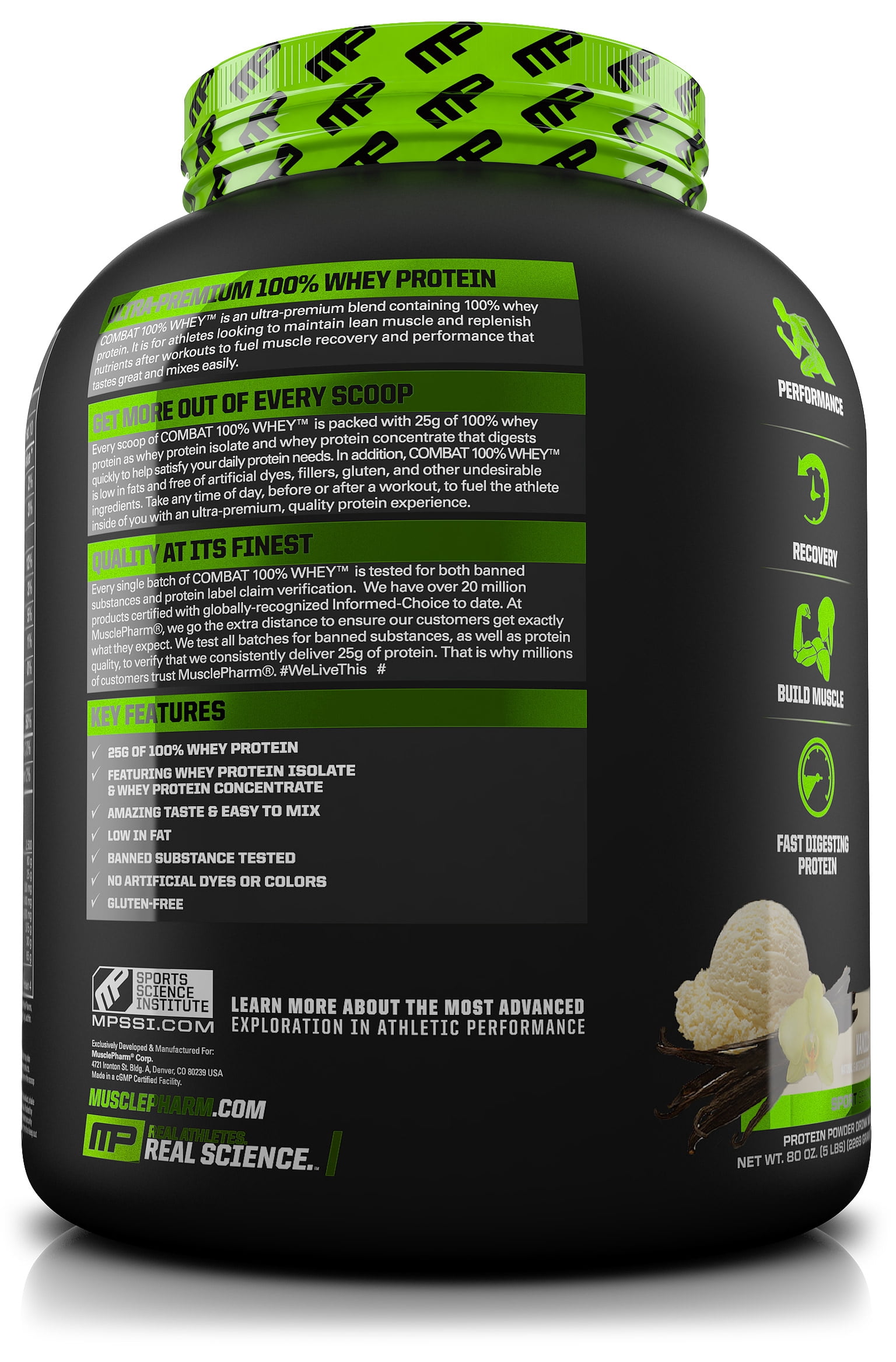 Musclepharm Combat 100% Whey Protein Powder, Vanilla, 25g Protein, 5 Lb